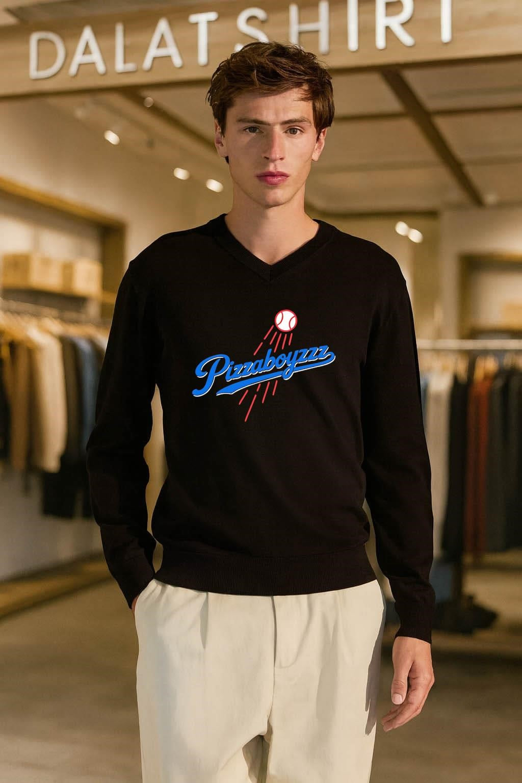 Pizza Boyzzz Blue Script Baseball Logo shirt