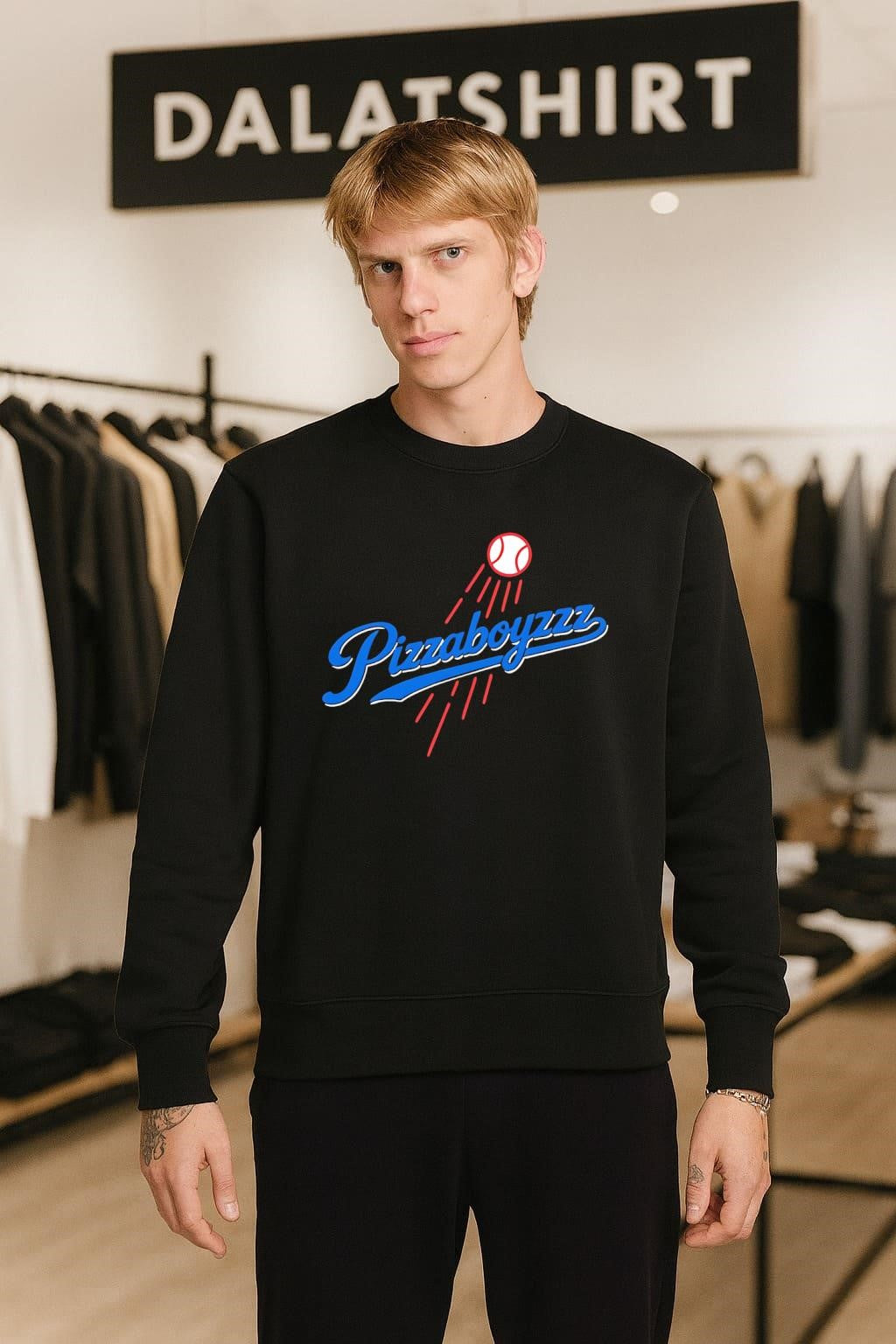 Pizza Boyzzz Blue Script Baseball Logo shirt