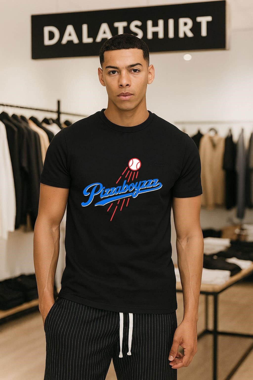 Pizza Boyzzz Blue Script Baseball Logo shirt