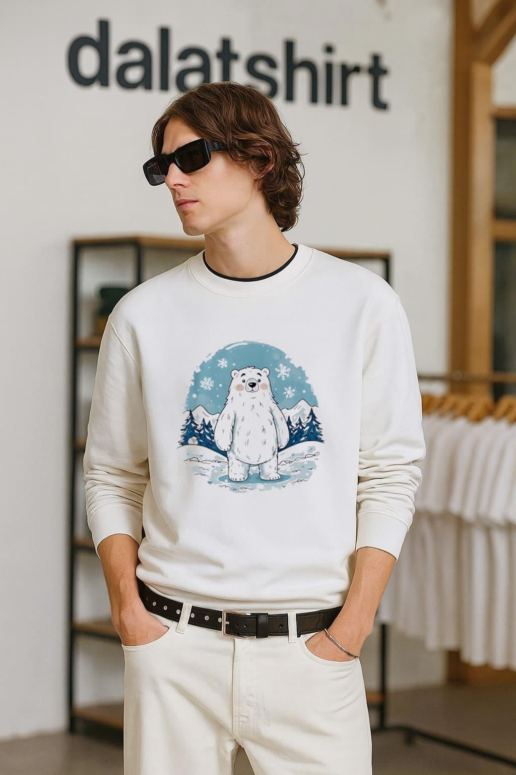 Polar bear Snowflakes Pine trees Snow mountains winter scene shirt