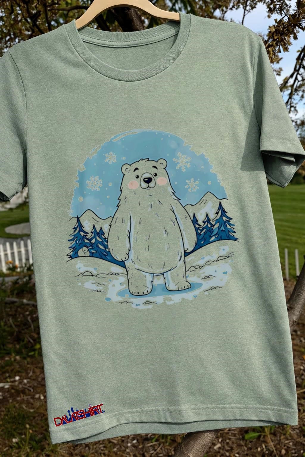 Polar bear Snowflakes Pine trees Snow mountains winter scene shirt