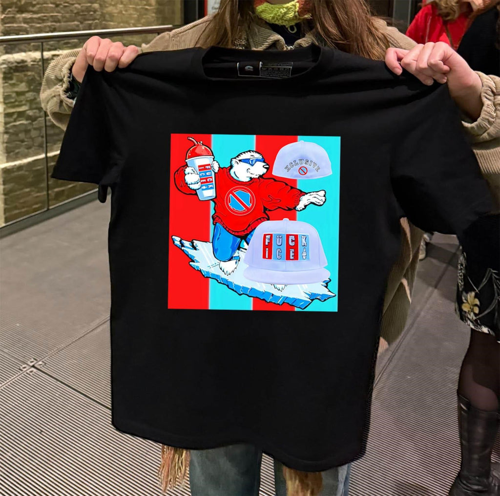 Polar bear on ice board with Fuck ICE hats shirt