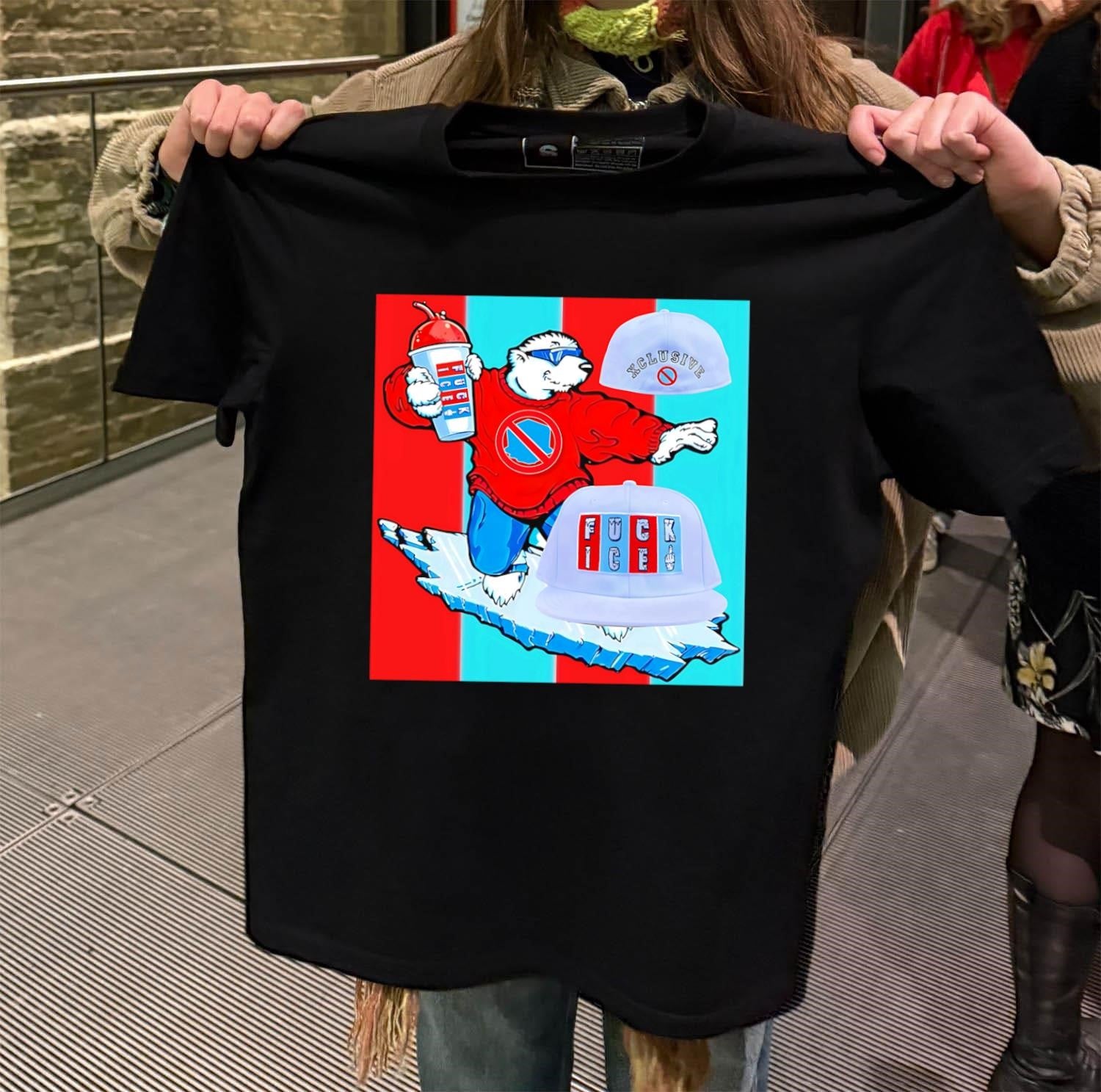 Polar bear on ice board with Fuck ICE hats shirt