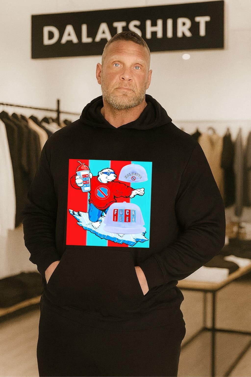 Polar bear on ice board with Fuck ICE hats shirt