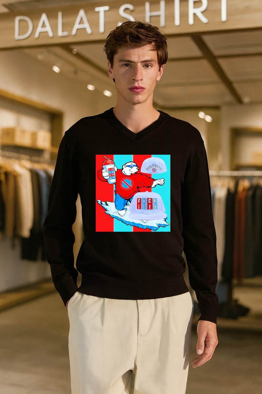 Polar bear on ice board with Fuck ICE hats shirt