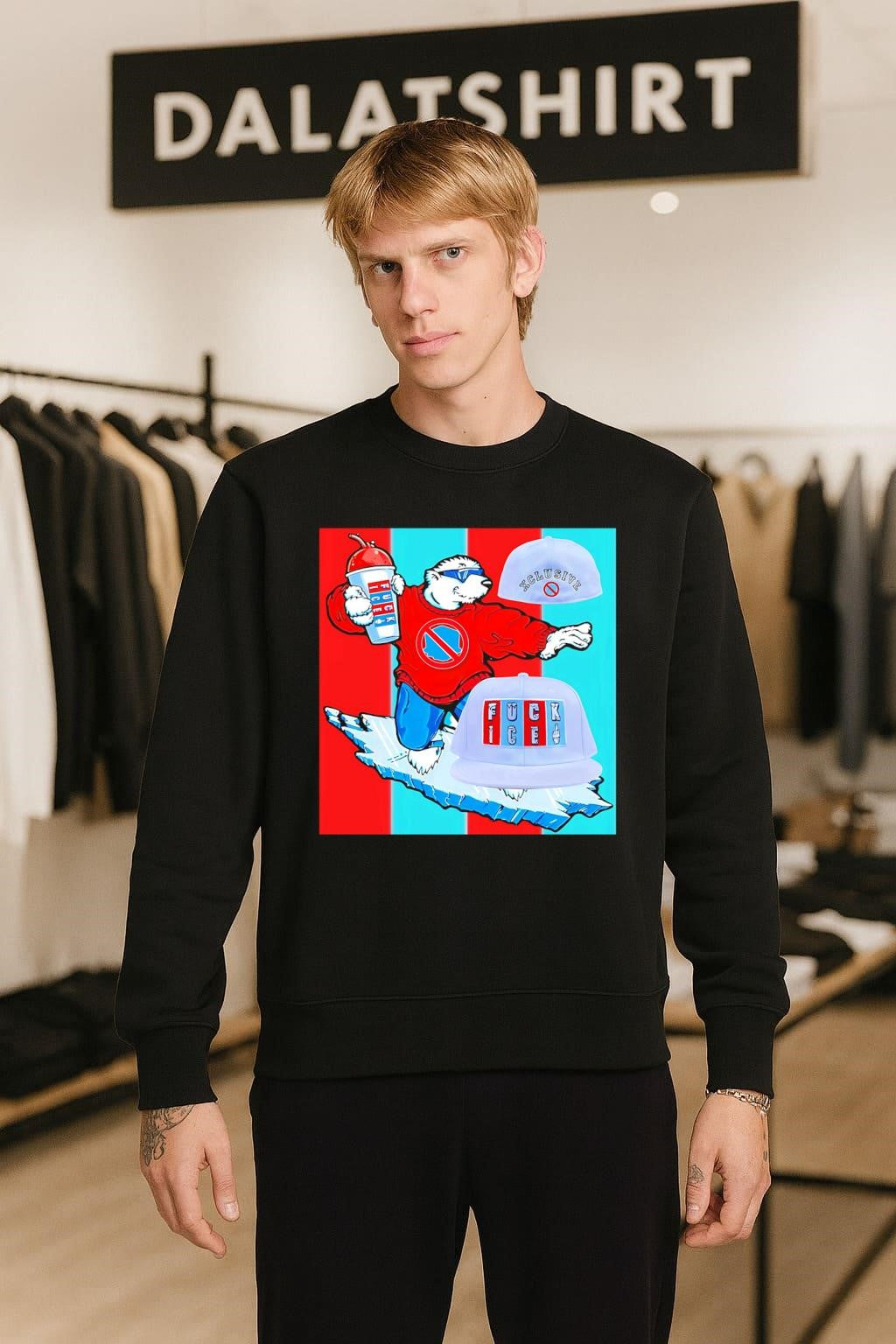 Polar bear on ice board with Fuck ICE hats shirt