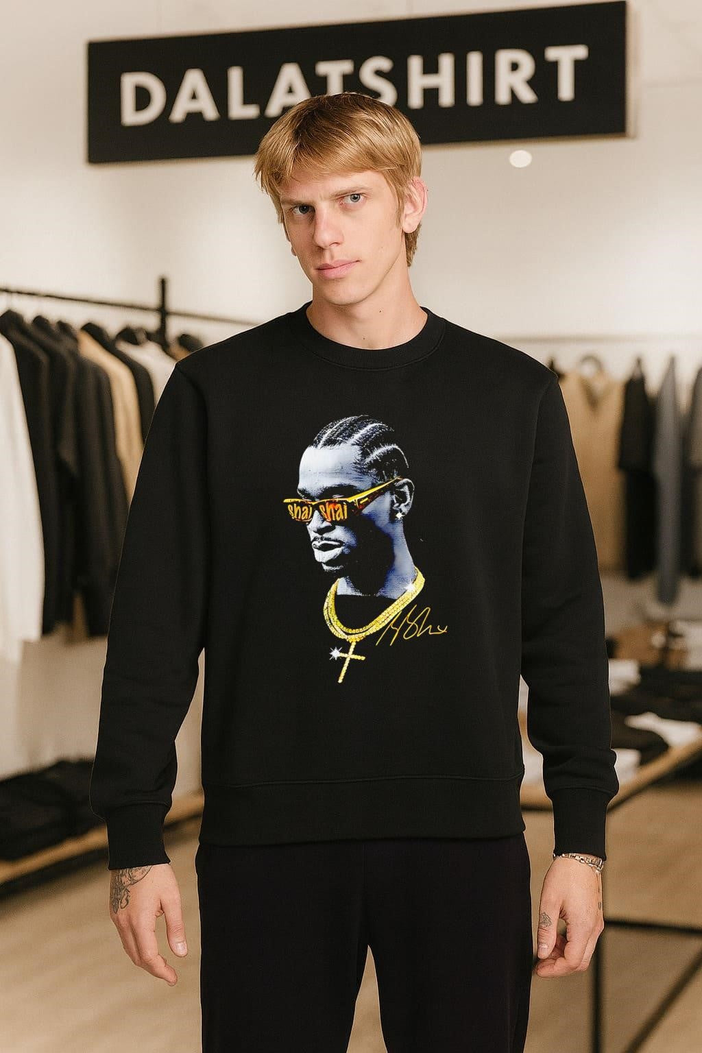 Pop Smoke Shai Gold Chain Diamond Cross Signature shirt