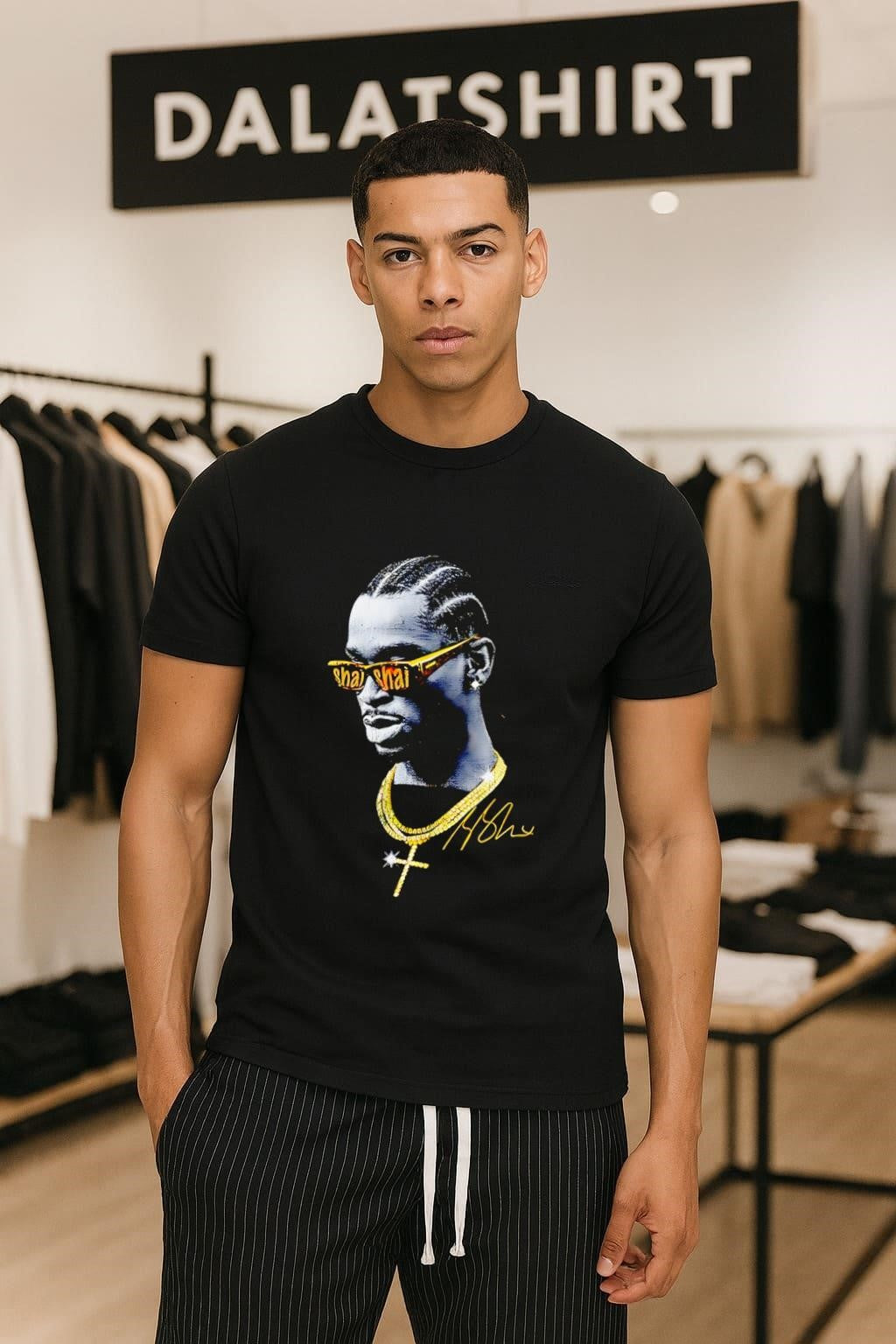 Pop Smoke Shai Gold Chain Diamond Cross Signature shirt