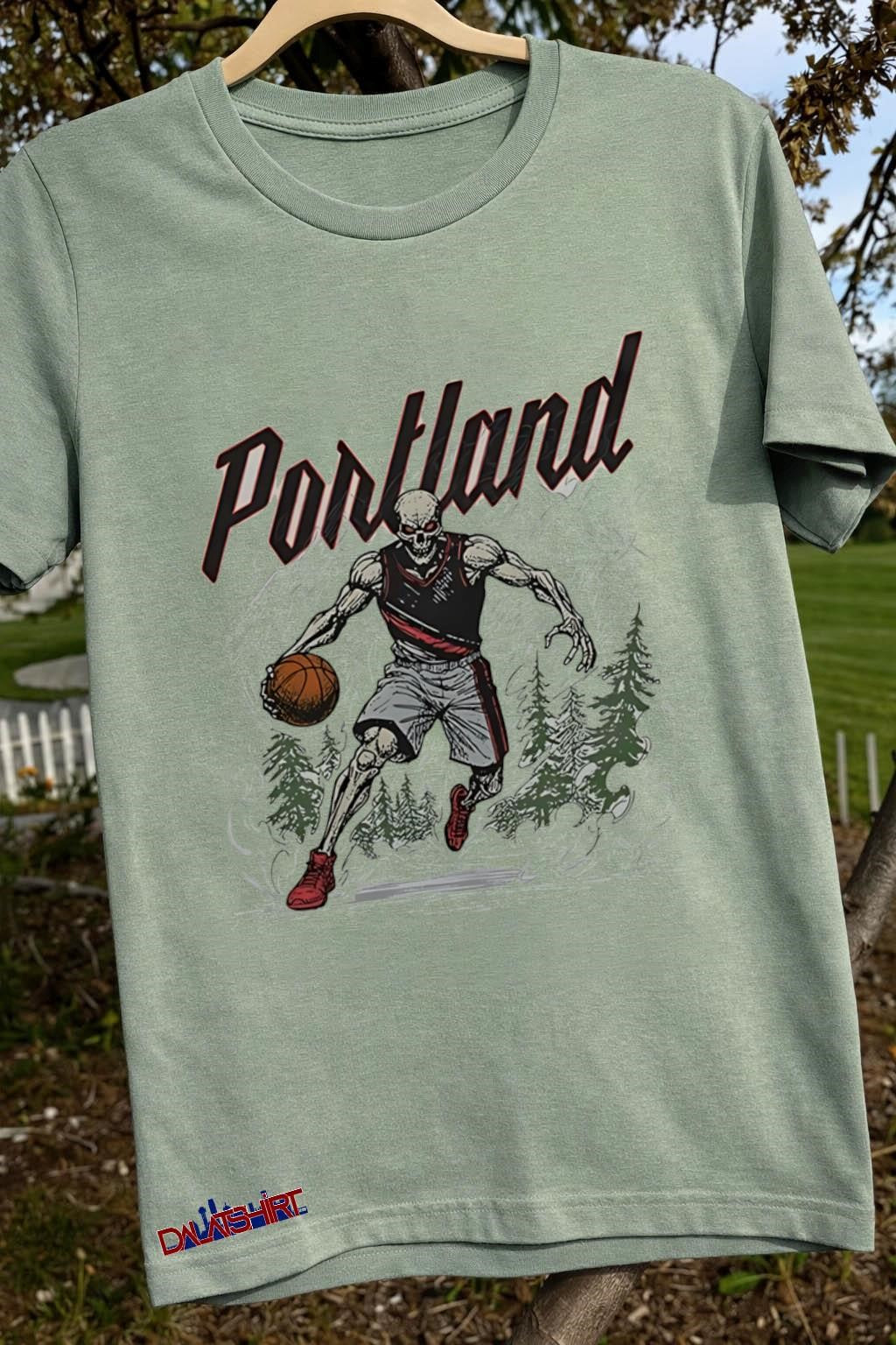 Portland skeleton basketball player dribbling in the pine forest shirt