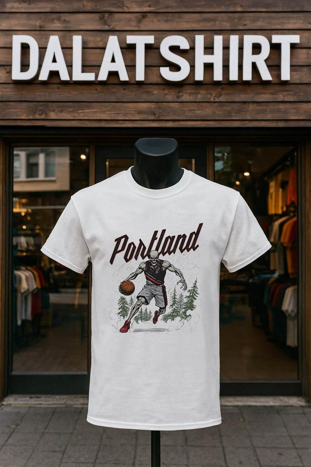 Portland skeleton basketball player dribbling in the pine forest shirt