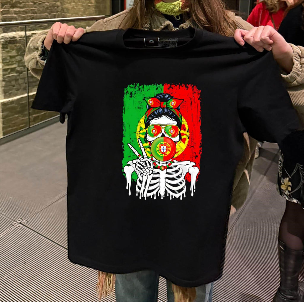 Portugal Flag Skull Messy Bun Sunglasses Peace Sign Bubble Gum shirt