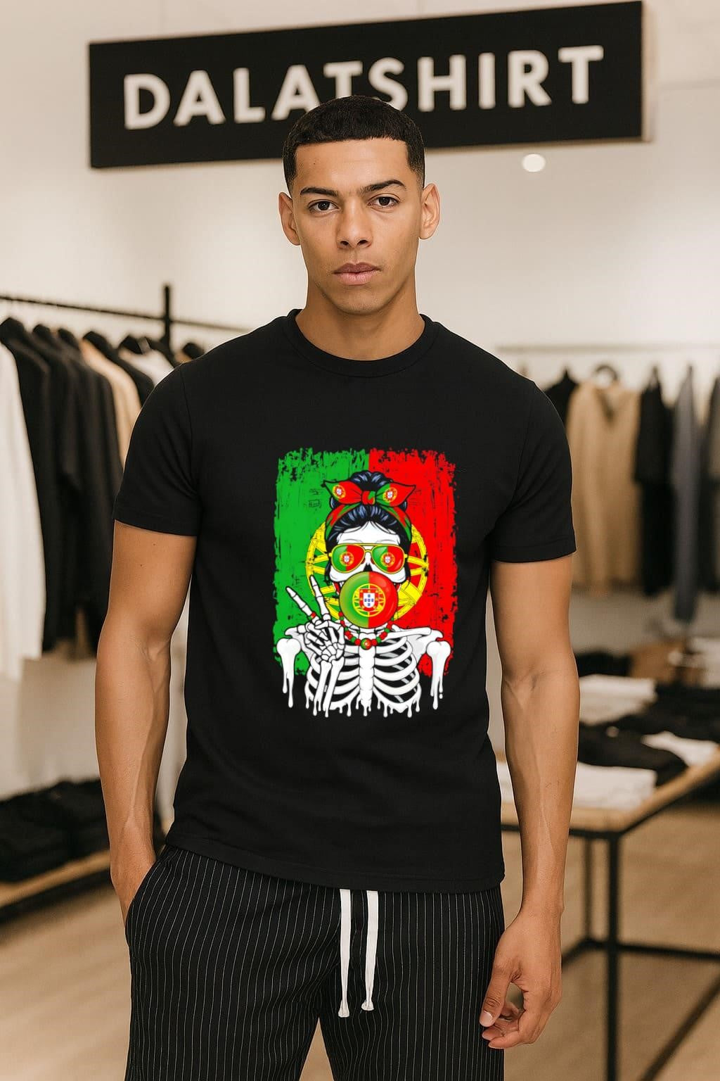 Portugal Flag Skull Messy Bun Sunglasses Peace Sign Bubble Gum shirt