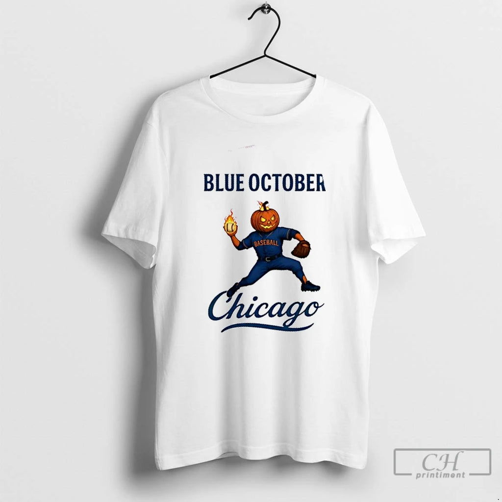 Premium Blue October Chicago Cubs Pumpkin Happy Halloween T Shirts