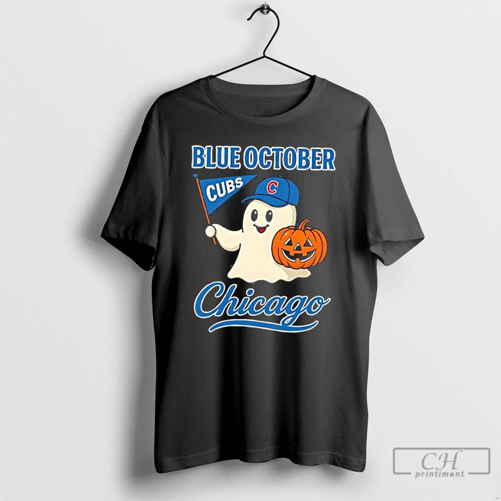Premium Chicago Cubs Blue October Ghost Pumpkin Halloween T Shirts