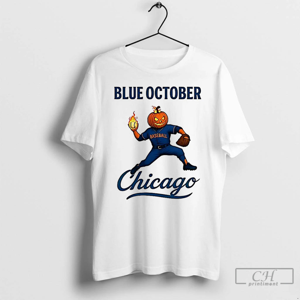 Premium Chicago Cubs Baseball Blue October Pumpkin Head Halloween Shirts T Shirts