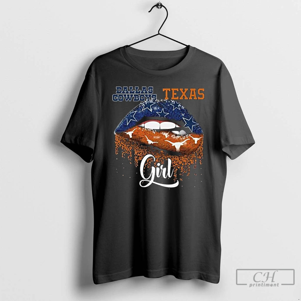 Premium Dallas Cowboys X Texas Longhorns Girl Lips 2025 Long Sleve T Shirts
