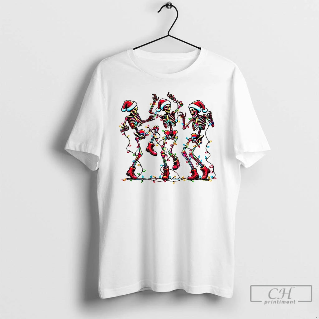 Premium Dancing Skeleton Santa Hat Merry Christmas 2025 T Shirts
