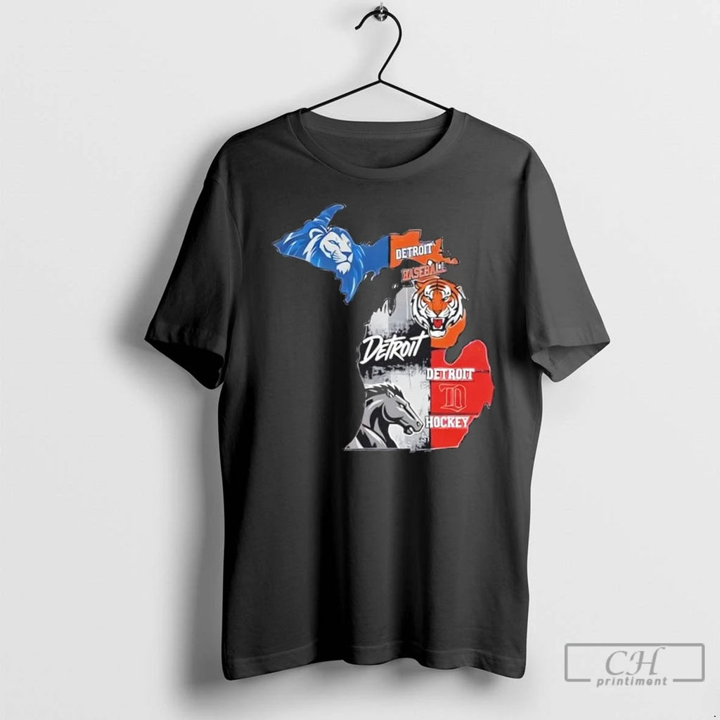 Premium Detroit Map Sports Fan Lions Tigers Pistons Red Wings Michigan
