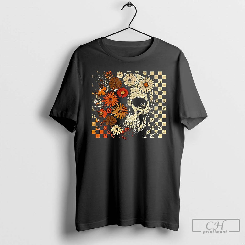 Premium Funny Skull Checkered Skeleton Floral Spooky Season Halloween T Shirts