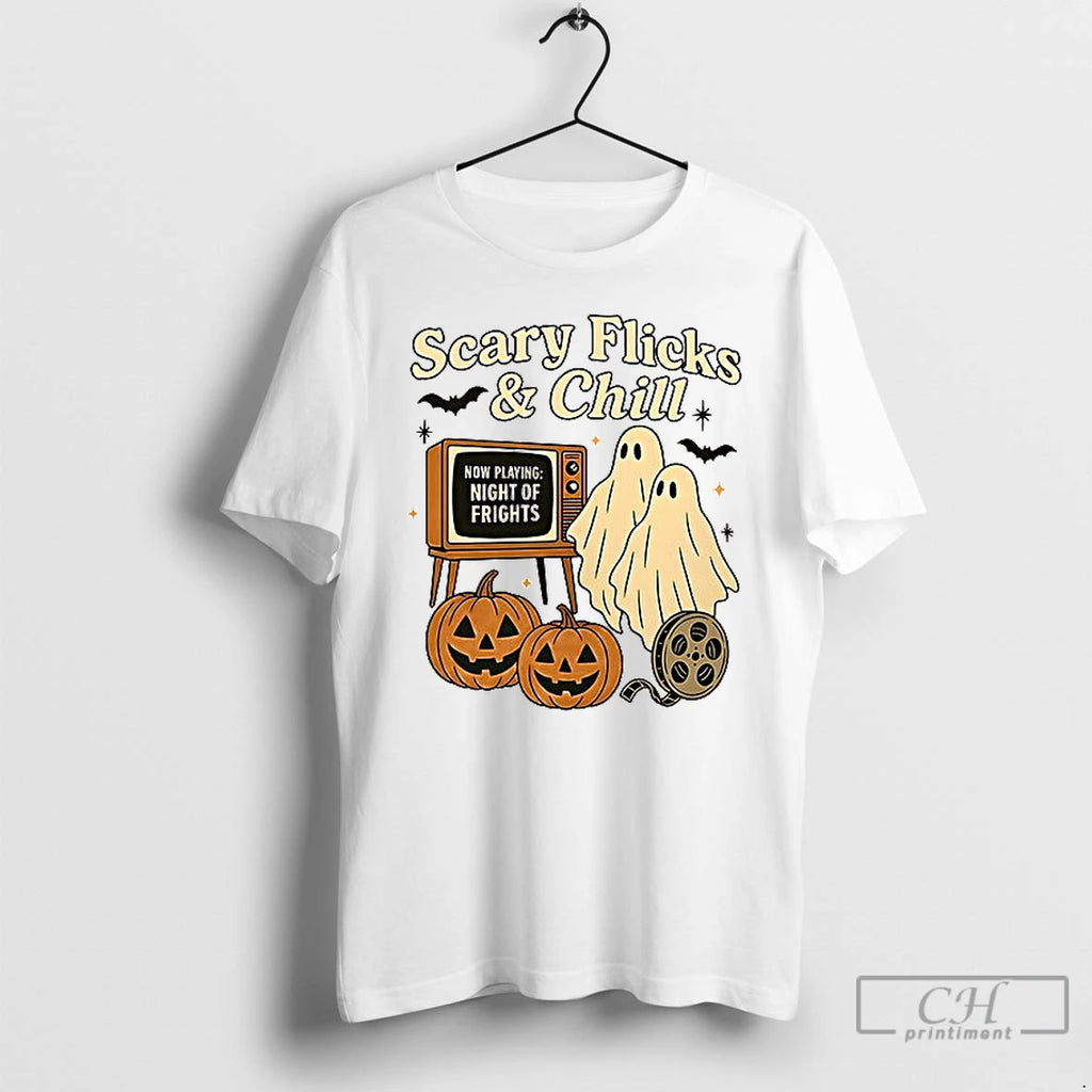 Premium Ghost Scary Flicks And Chill Halloween Ceramic Ceramic And Classic Dad Cap T Shirts