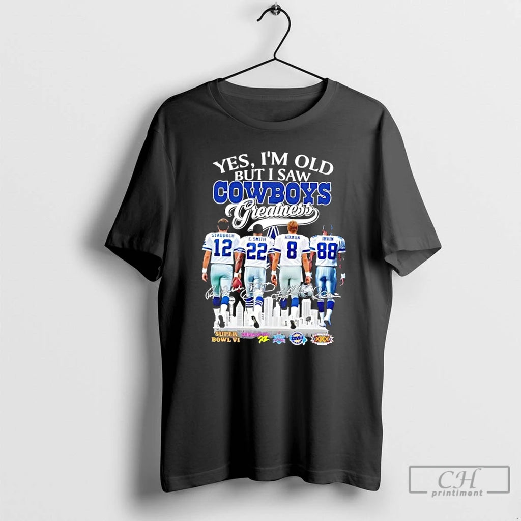 Premium Greatness Dallas Cowboys Legends Staubach Smith Aikman Irvin Skyline T Shirts