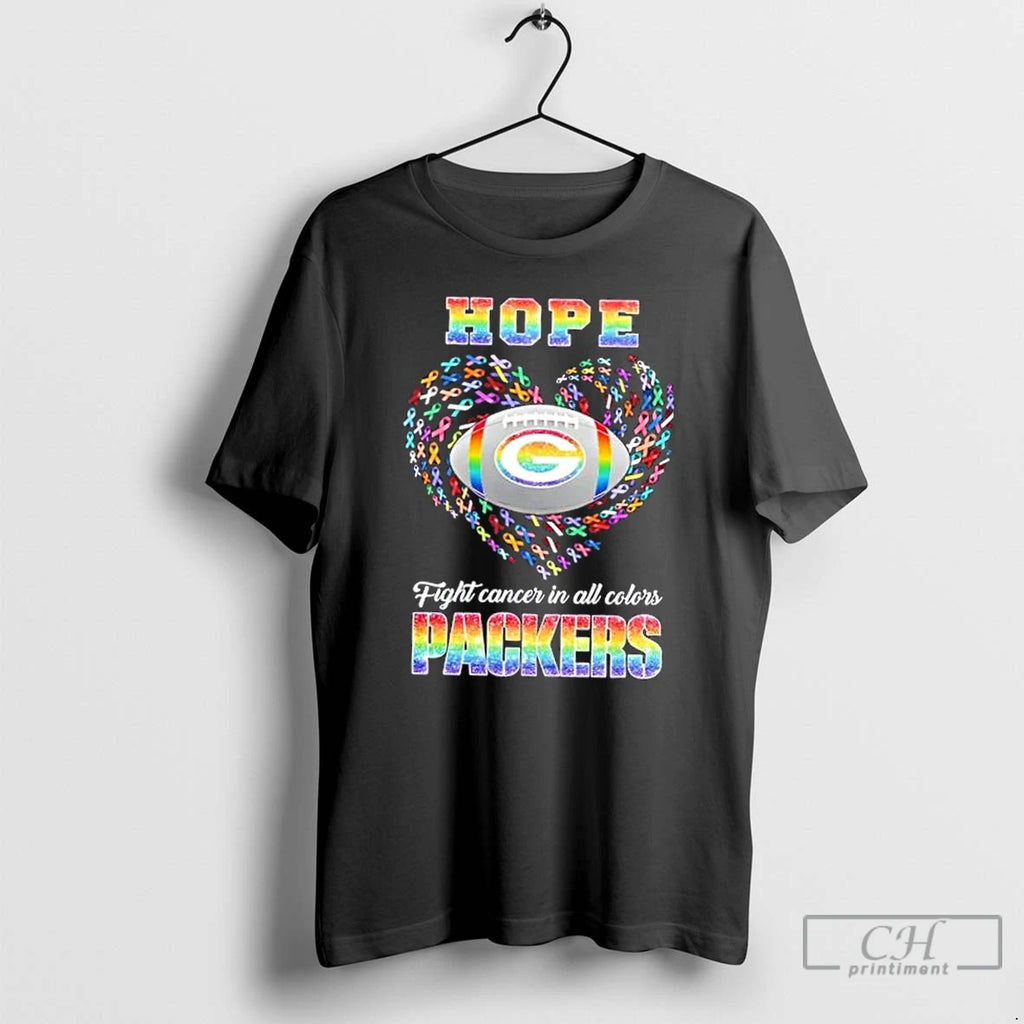 Premium Green Bay Packers Football Hope Fight Cancer In All Colors Heart T Shirts