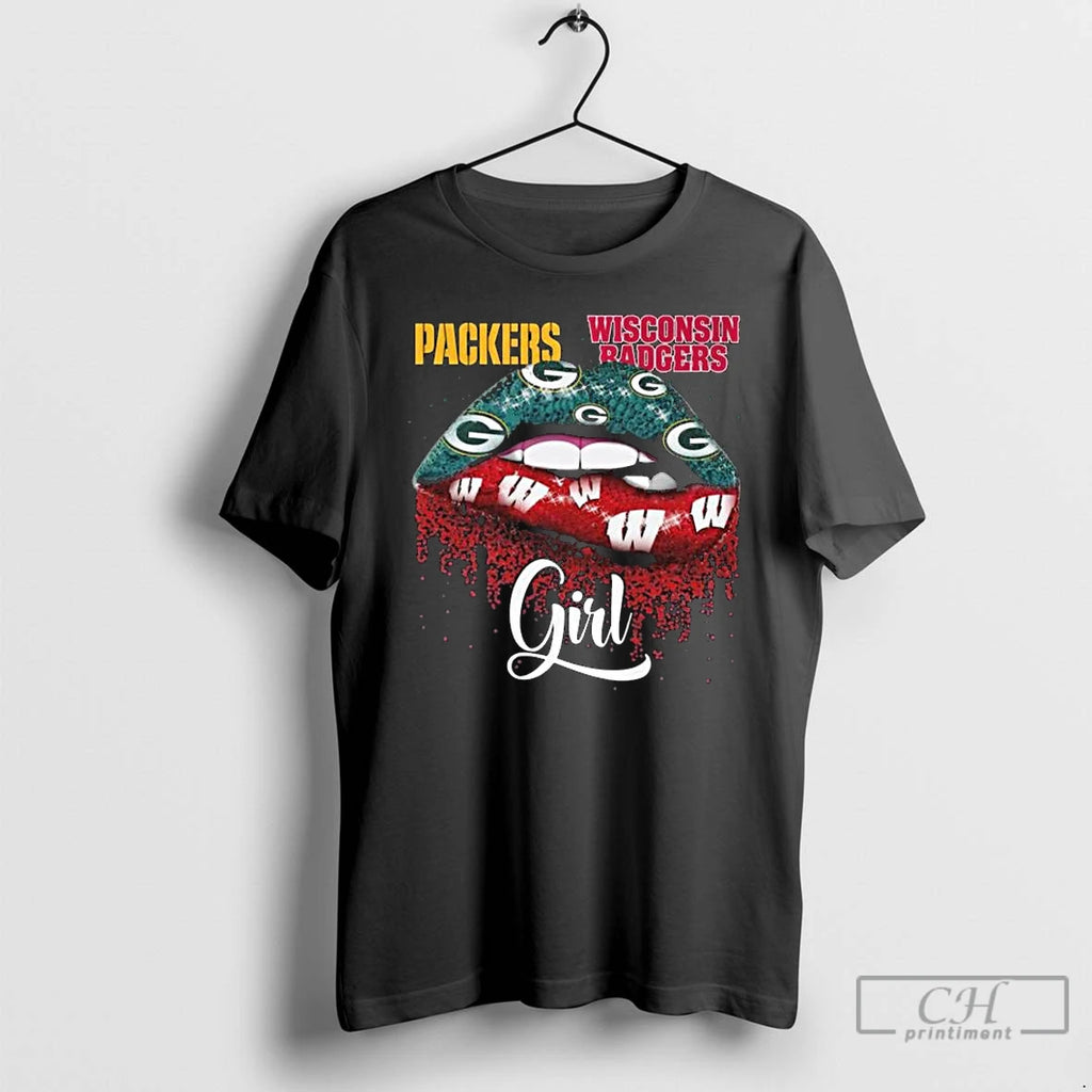 Premium Green Bay Packers X Wisconsin Badgers Girl Lips 2025 Long Sleve T Shirts