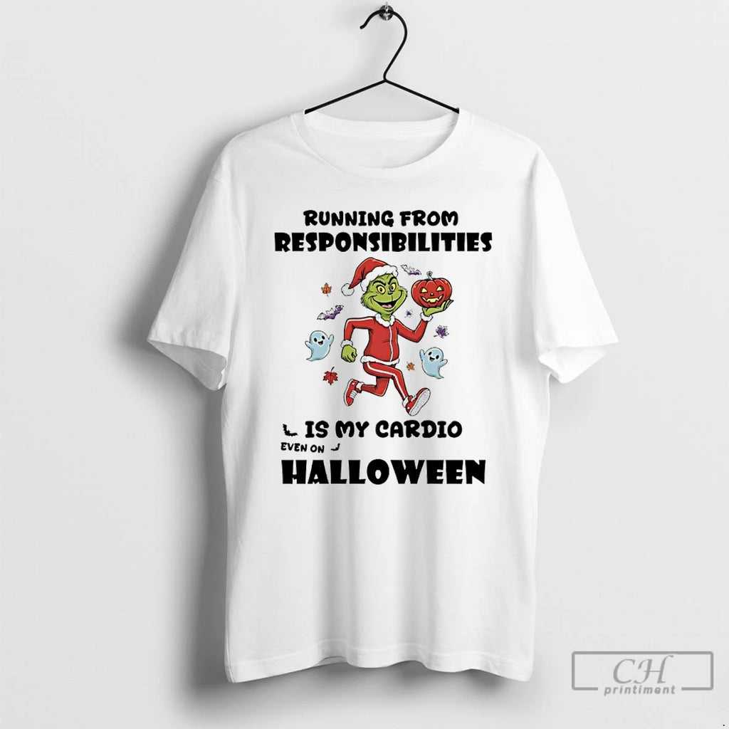 Premium Grinch Santa Running From Respinsibilities Is My Cardio Even On Halloween T Shirts
