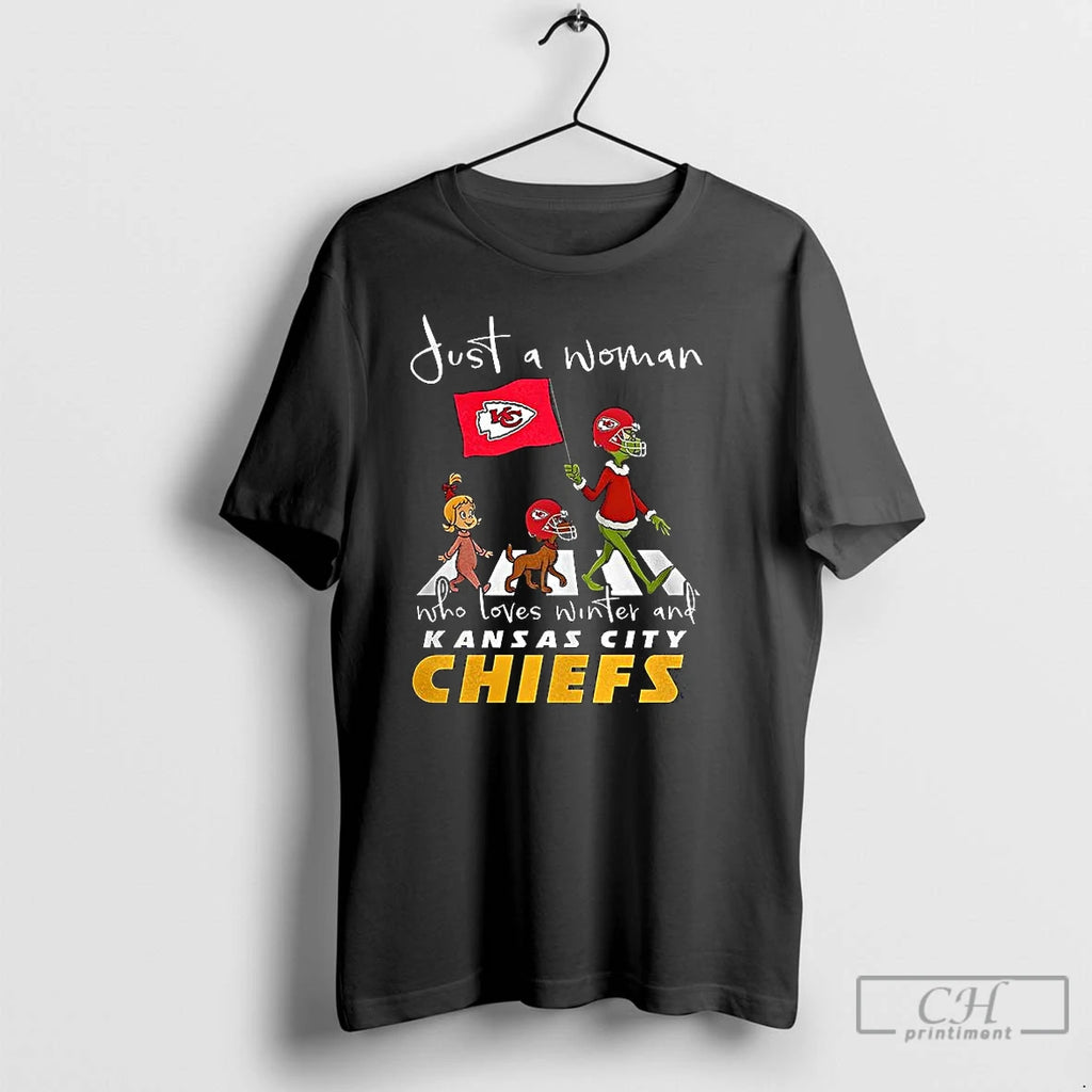 Premium Grinch Just A Woman Who Loves Winter And Kansas City Chiefs Football Cross The