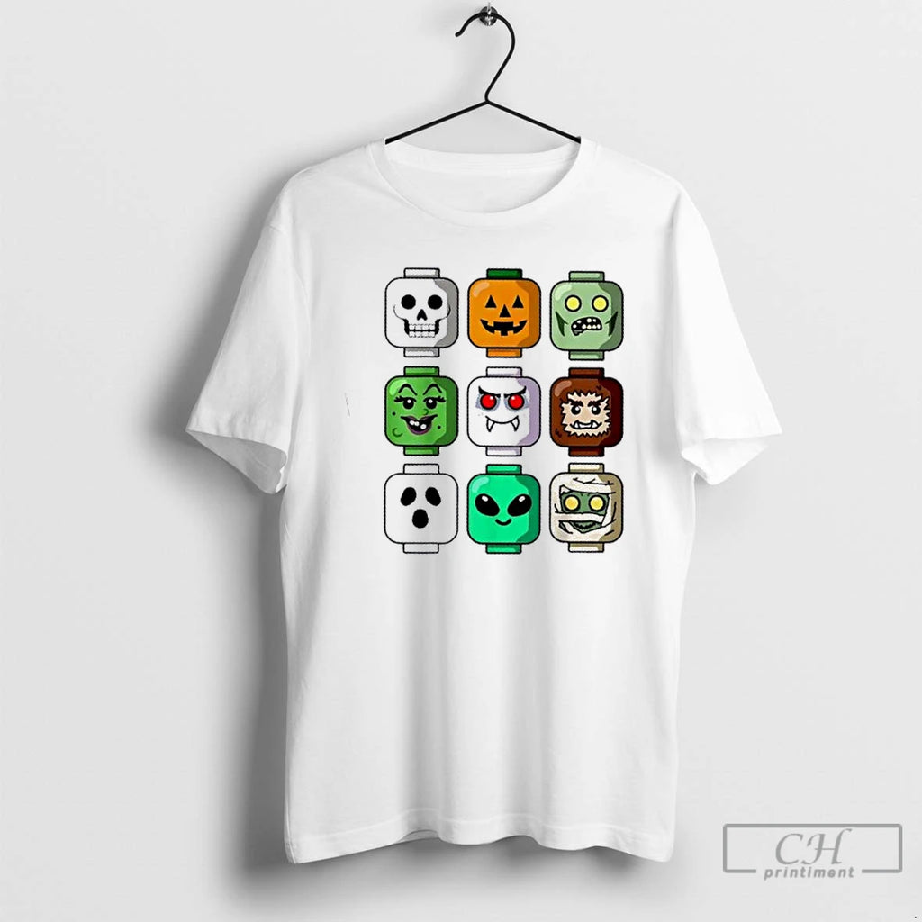Premium Halloween Building Brick Head Pumpkin Ghost Zombie T Shirts