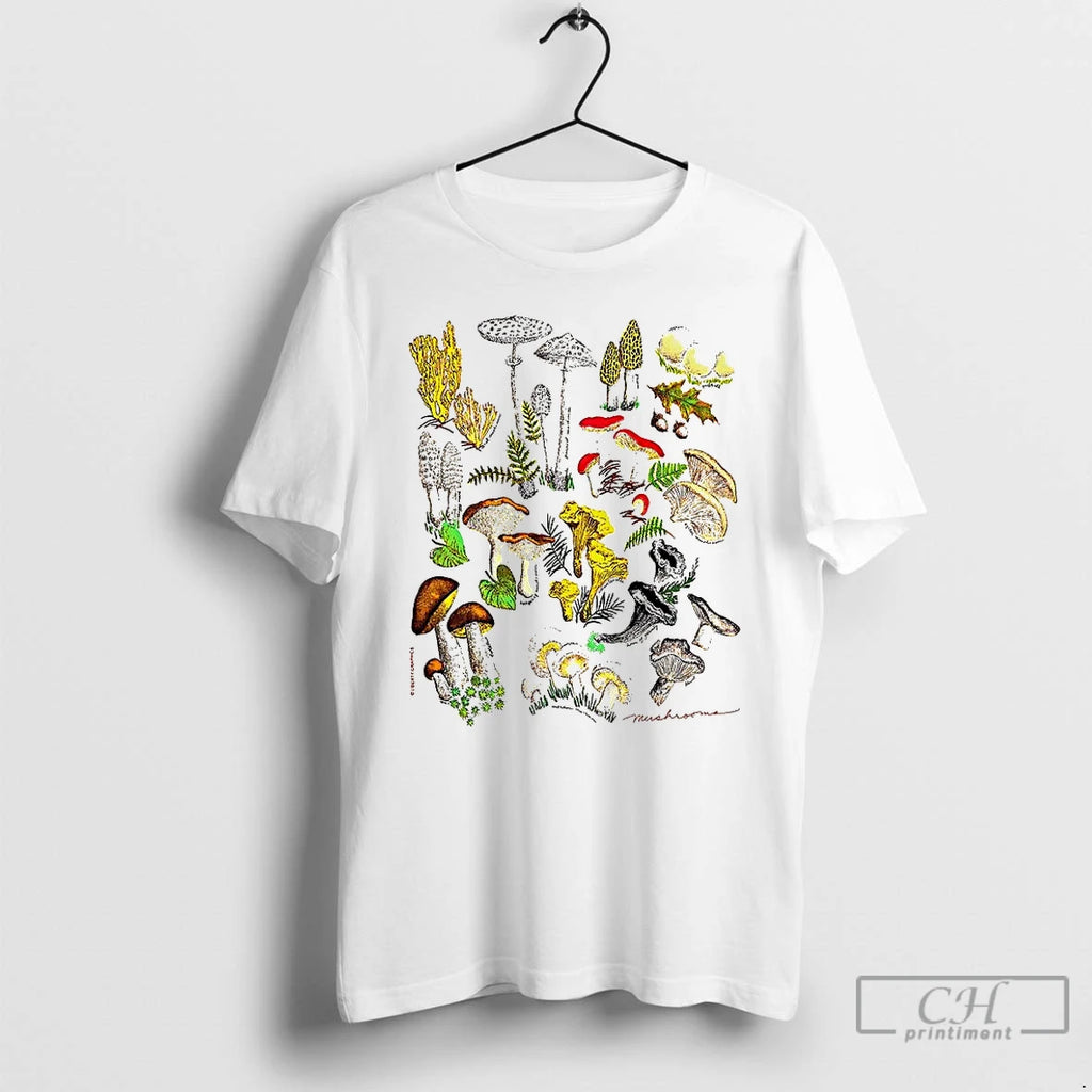 Premium Illustrated Prints Of Mushrooms Natural T Shirts