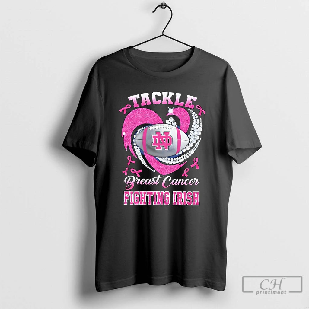Premium Notre Dame Fighting Irish Breast Cancer Awareness Tackle Heart T Shirts