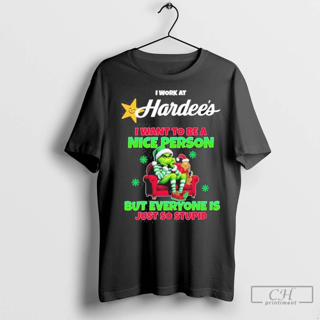 Premium Santa Grinch I Work At Hardees Logo I Want To Be A Nice Person