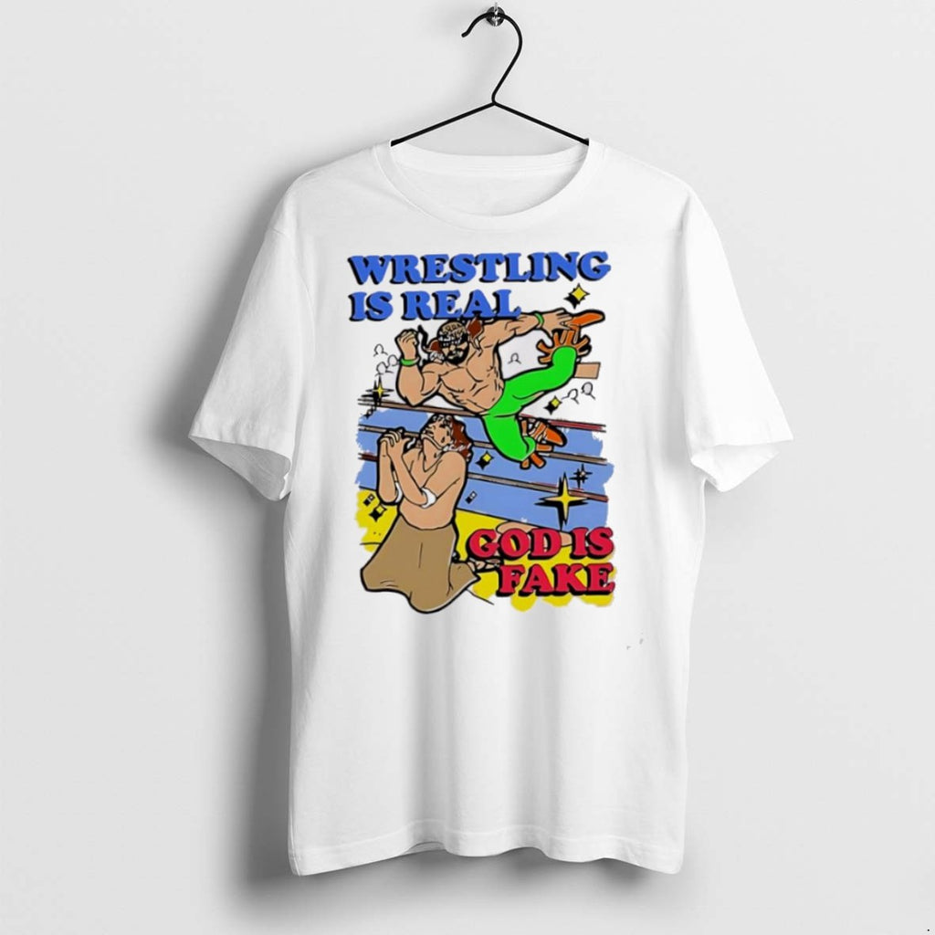 Premium Wrestling Is Real God Is Fake Caricature Cartoon T Shirts