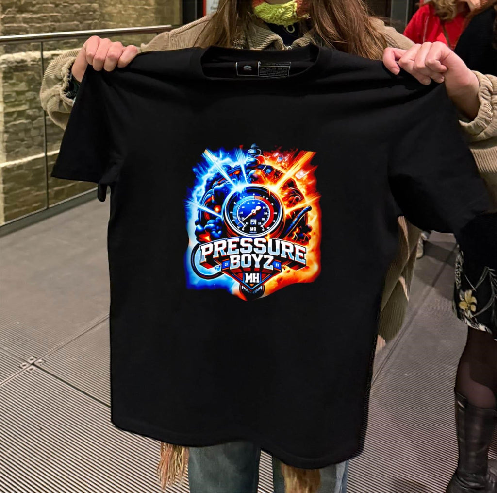 Pressure Boyz MH gauge with blue and orange fire shirt