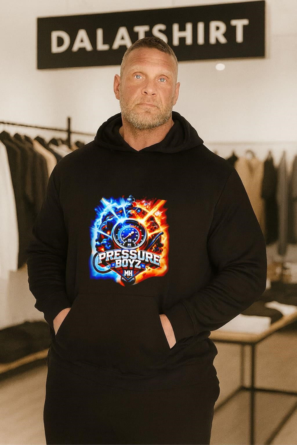 Pressure Boyz MH gauge with blue and orange fire shirt