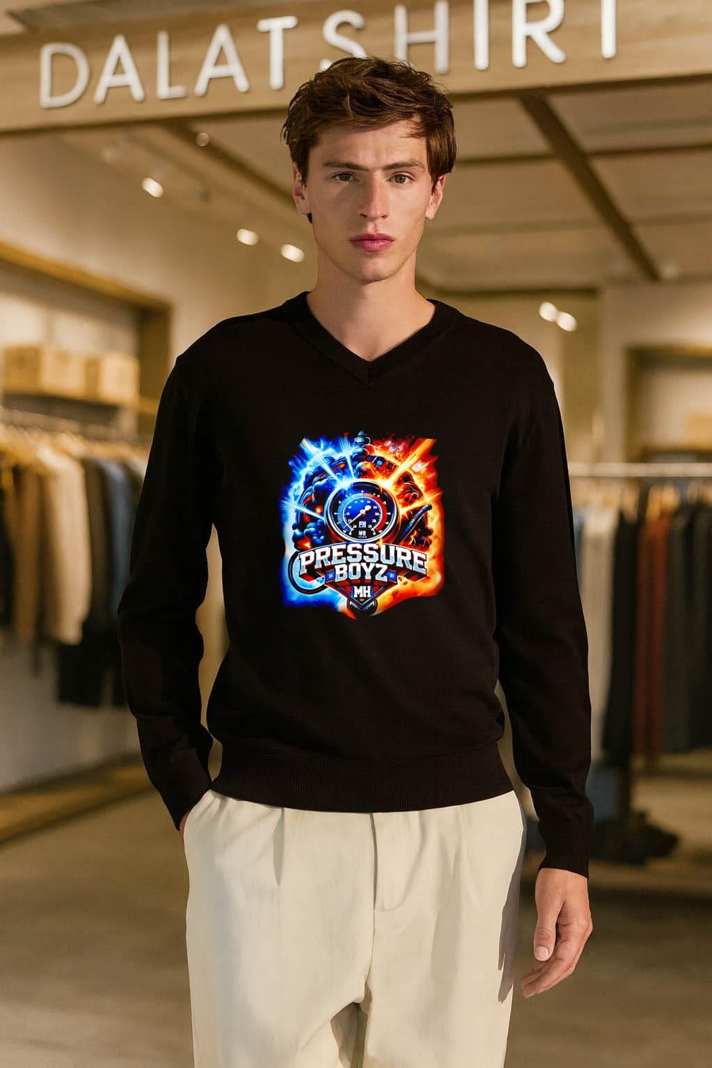 Pressure Boyz MH gauge with blue and orange fire shirt
