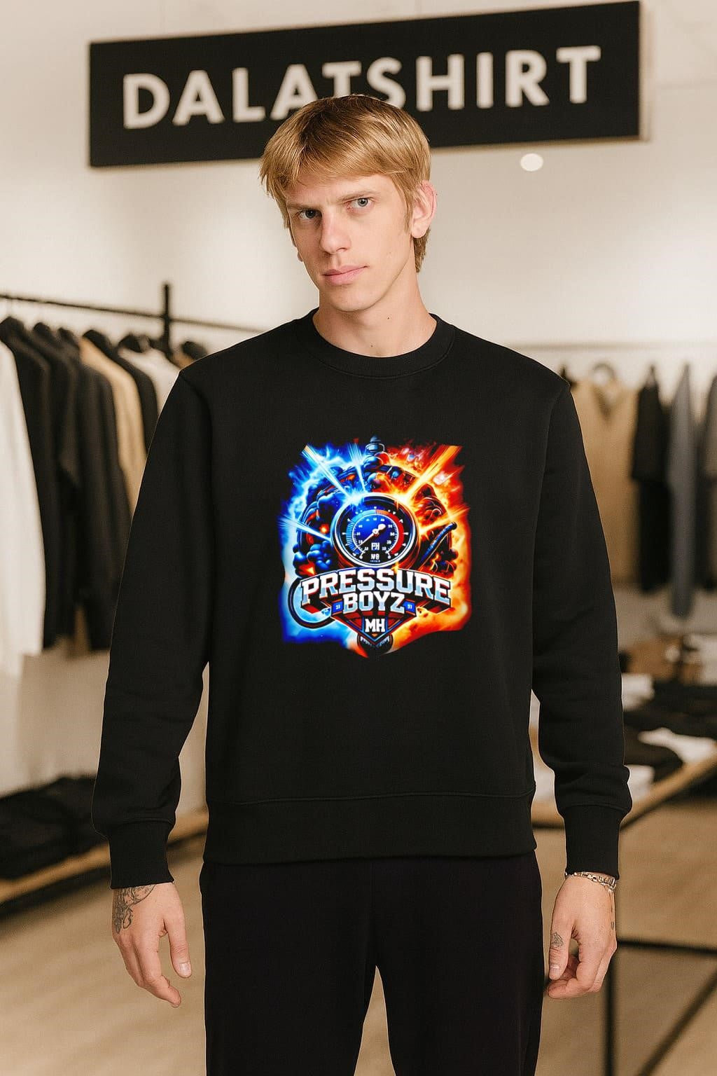 Pressure Boyz MH gauge with blue and orange fire shirt