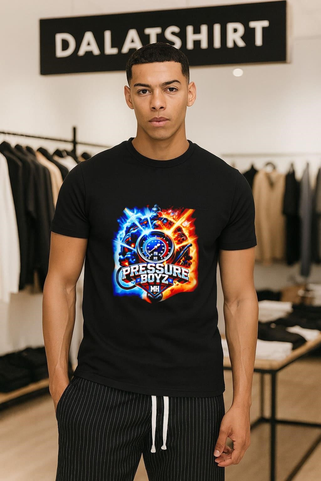 Pressure Boyz MH gauge with blue and orange fire shirt