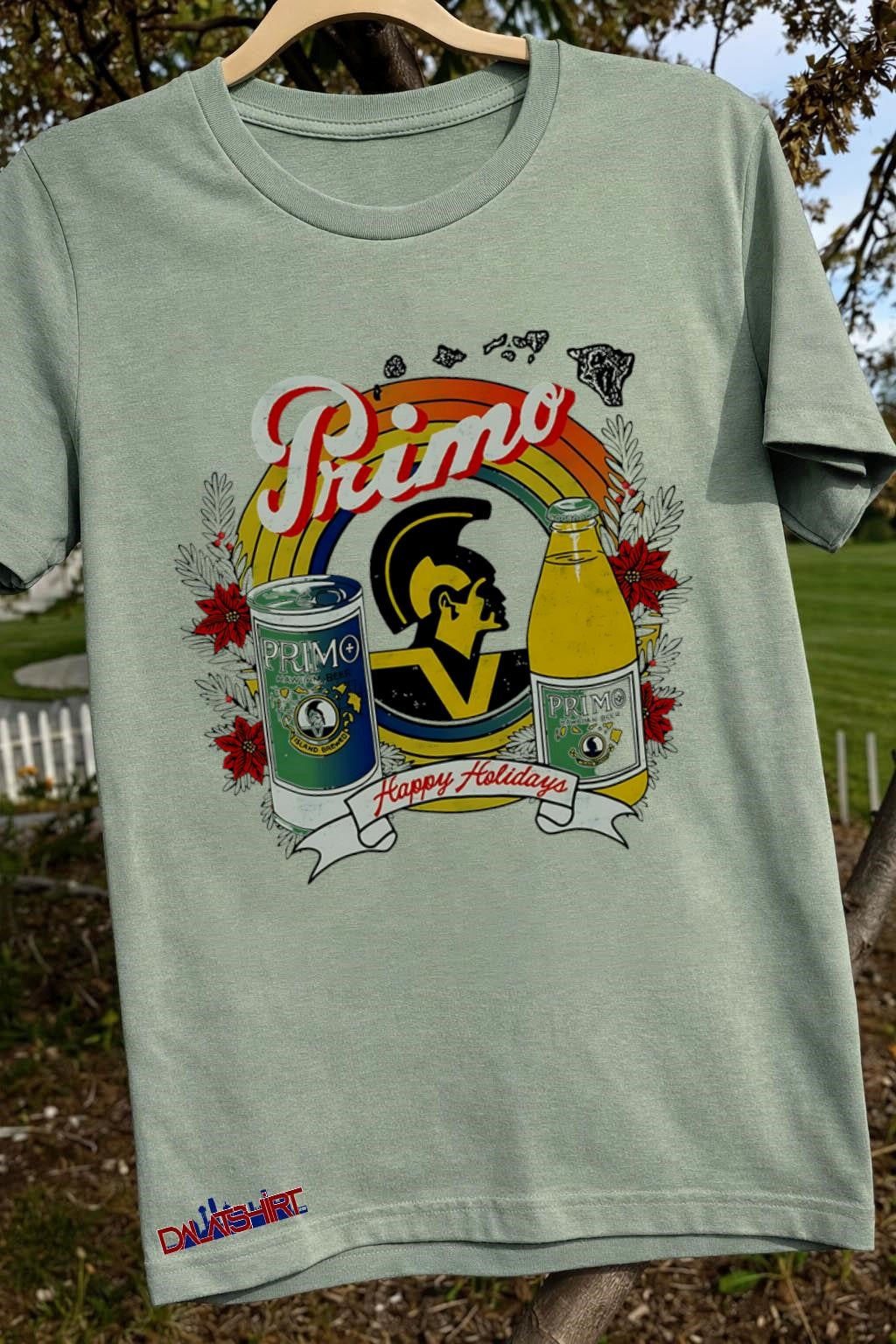 Primo Hawaiian Beer Happy Holidays King Kamehameha Hawaii Map Circles shirt