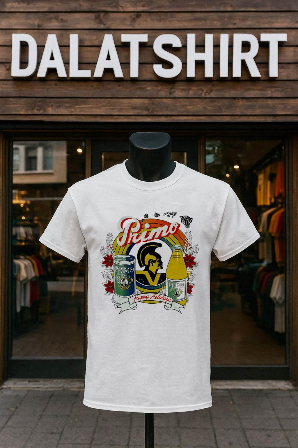 Primo Hawaiian Beer Happy Holidays King Kamehameha Hawaii Map Circles shirt