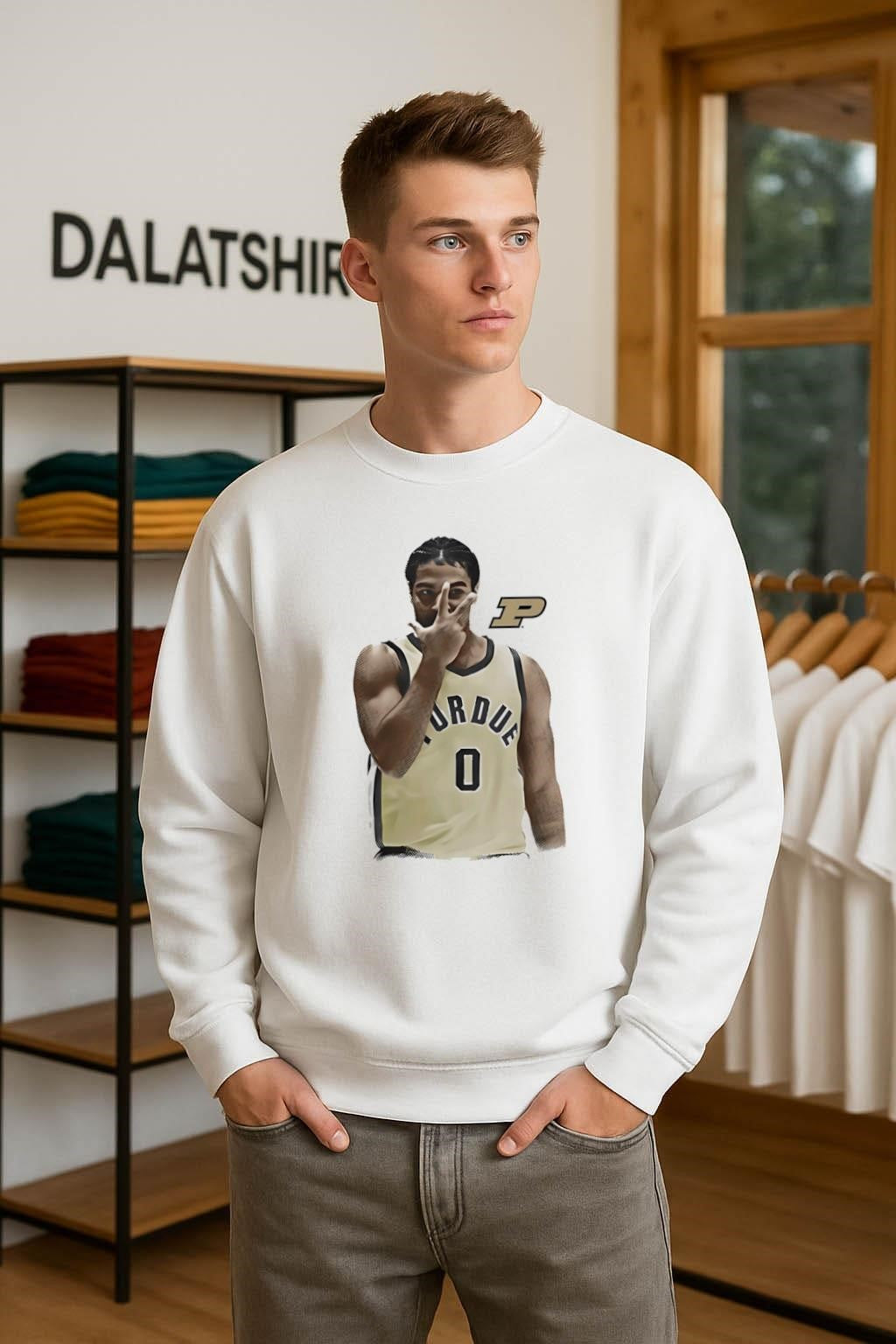 Purdue basketball player number zero holding up three fingers shirt