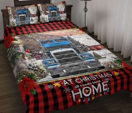 Personalized Trucker Quilt Set, Blue Truck Trucker Atmas Roads Lead Quilt Blanket With Pillowcases, Custom Name Quilt Bedding Set, Christmas Gift