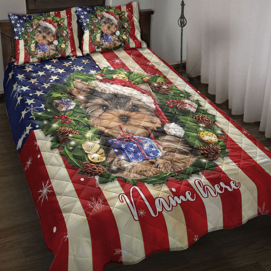 Personalized Yorkshire Quilt Set, Yorkshire Terrier Wearingmas Hat Quilt Blanket With Pillowcases, Custom Name Quilt Bedding Set, Christmas Gift
