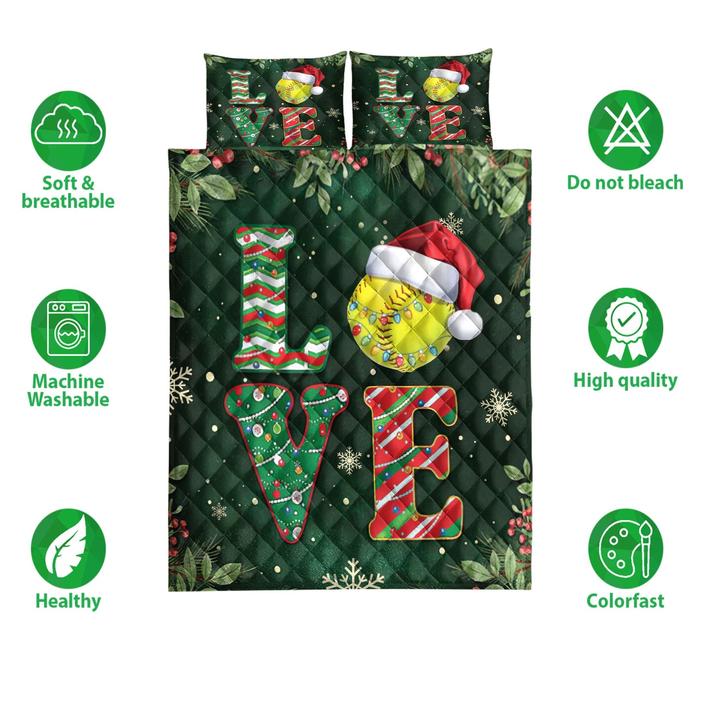 Softball Quilt Set, Love Softball Withmas Hat Holly Berry Snowflake Xmas Holiday Quilt Blanket With Pillowcases, Quilt Bedding Set, Christmas Gift