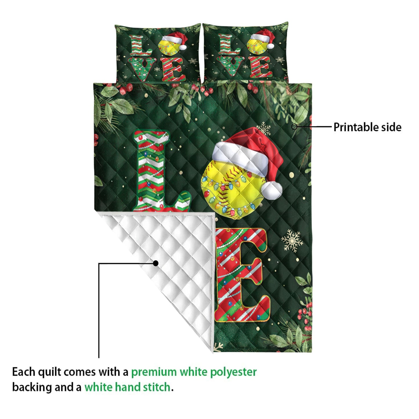 Softball Quilt Set, Love Softball Withmas Hat Holly Berry Snowflake Xmas Holiday Quilt Blanket With Pillowcases, Quilt Bedding Set, Christmas Gift