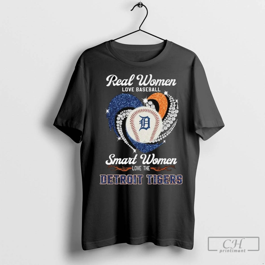 Real Women Love Baseball Smart Women Love The Detroit Tigers Diamond Heart 2025 Long Sleve
