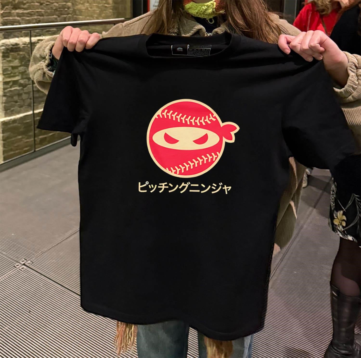 Red Pitching Ninja Logo With Japanese Katana Text shirt