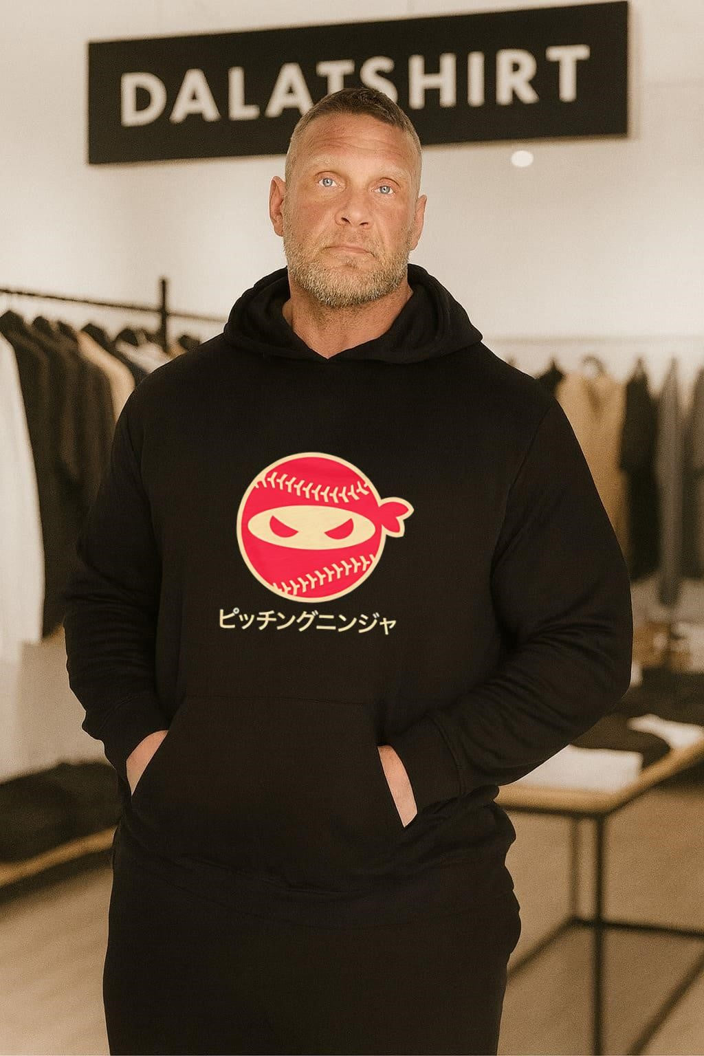 Red Pitching Ninja Logo With Japanese Katana Text shirt