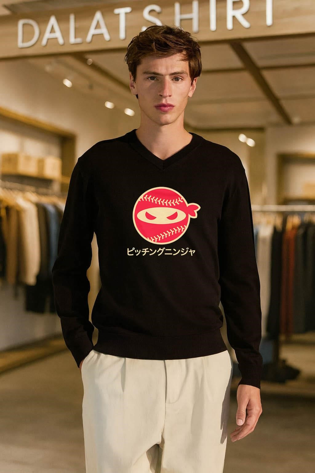 Red Pitching Ninja Logo With Japanese Katana Text shirt